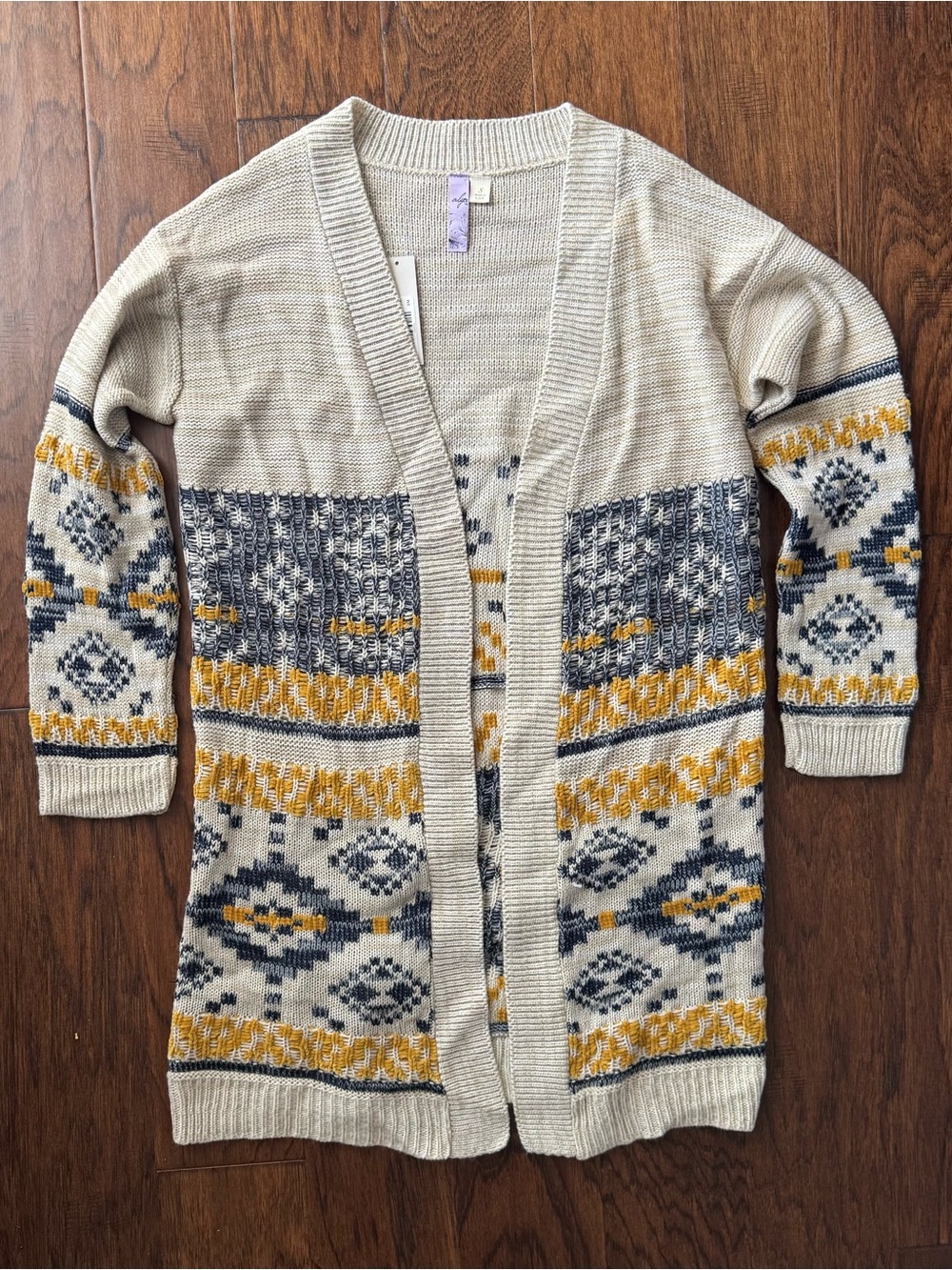Alya Cream Open-Front Fair Isle Cardigan with Navy and Mustard Accents